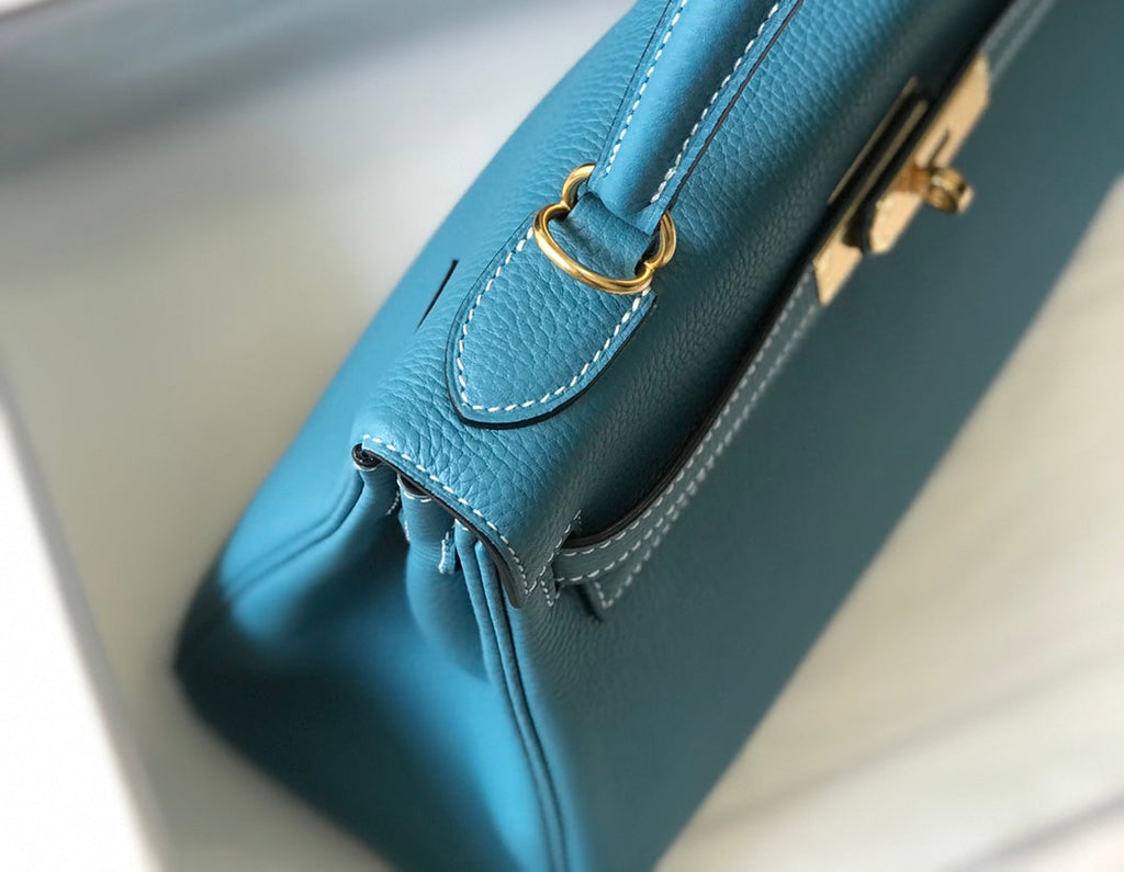 HERMES KELLY BAG 25CM IN BLUE TOGO LEATHER WITH GOLD HARDWARE