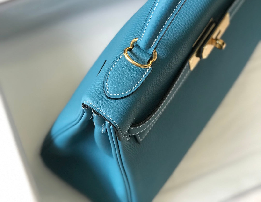 HERMES KELLY BAG 25CM IN BLUE TOGO LEATHER WITH GOLD HARDWARE