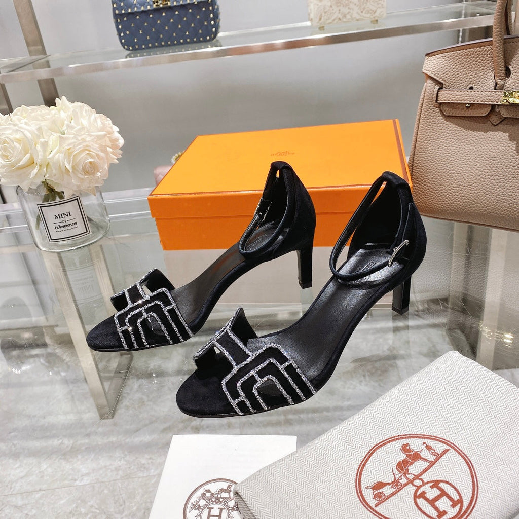 PREMIERE 70 SANDAL IN BLACK SUEDE WITH RHINSTONES