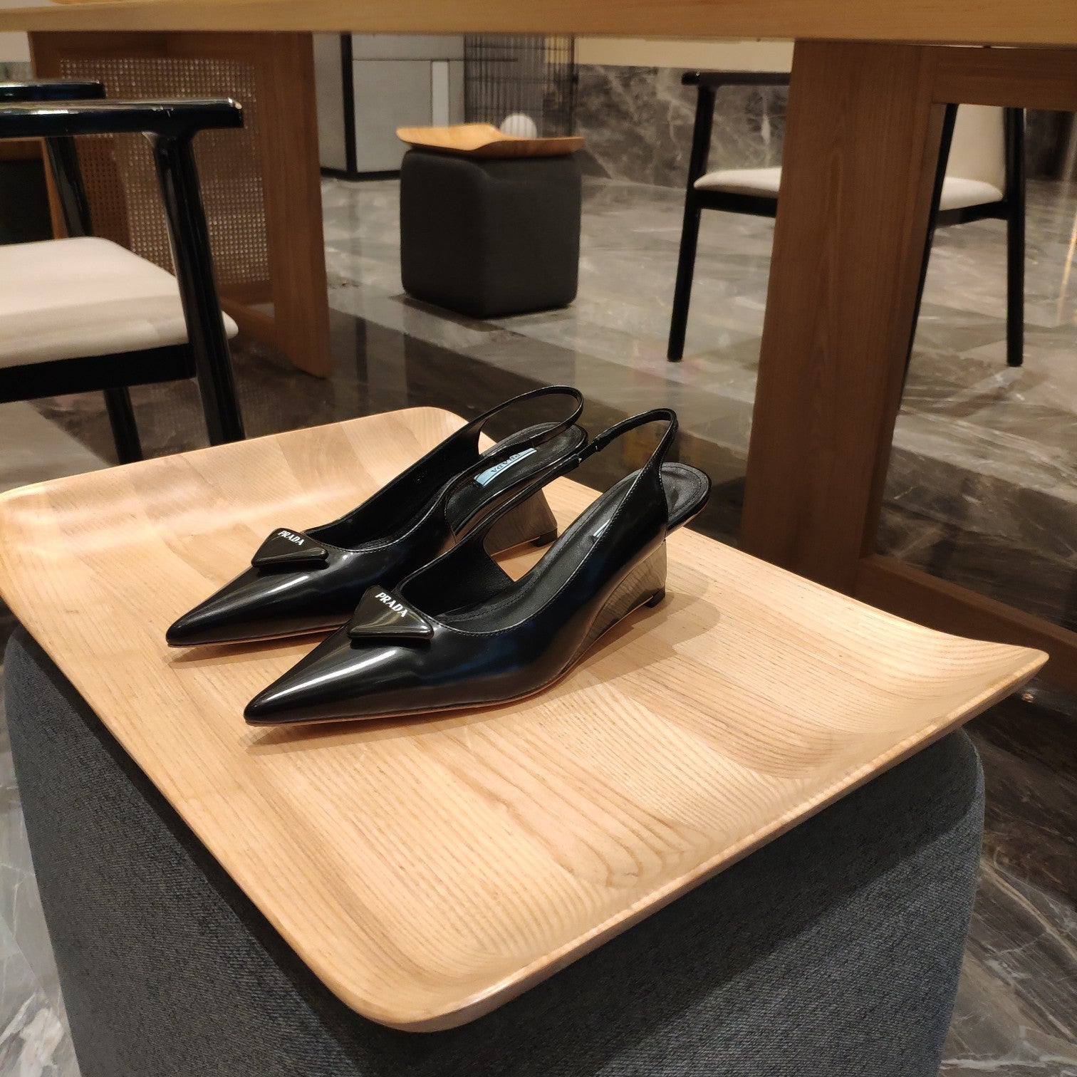 PRADA 26S POINTED TOE WEDGE SLINGBACK PUMPS IN BLACK CALFSKIN