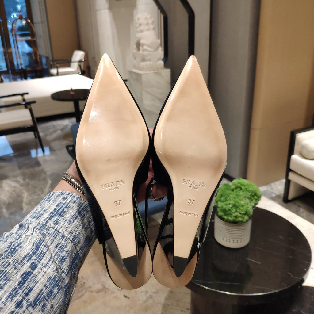 PRADA 26S POINTED TOE WEDGE SLINGBACK PUMPS IN BLACK CALFSKIN