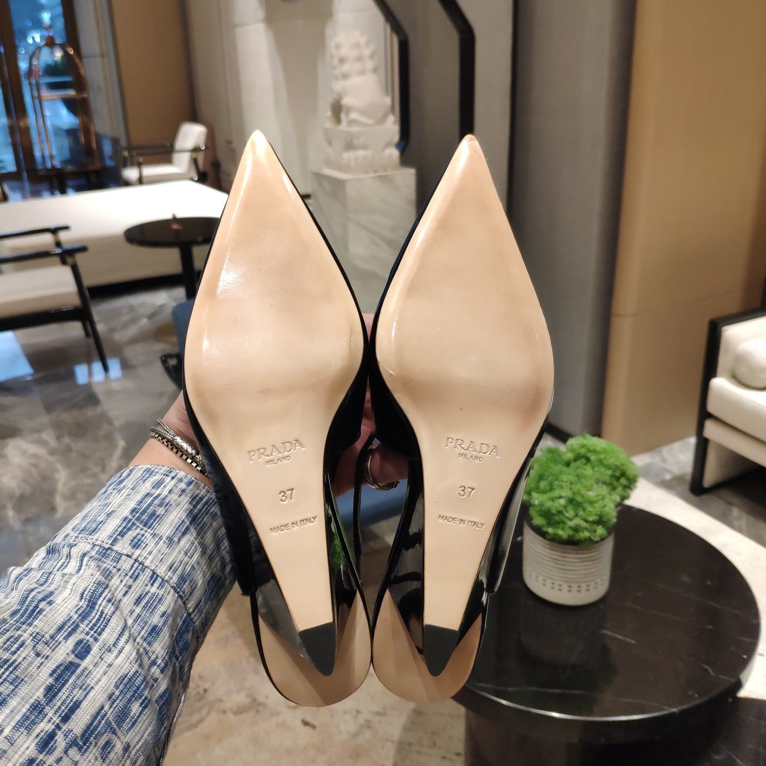 PRADA 26S POINTED TOE WEDGE SLINGBACK PUMPS IN BLACK CALFSKIN