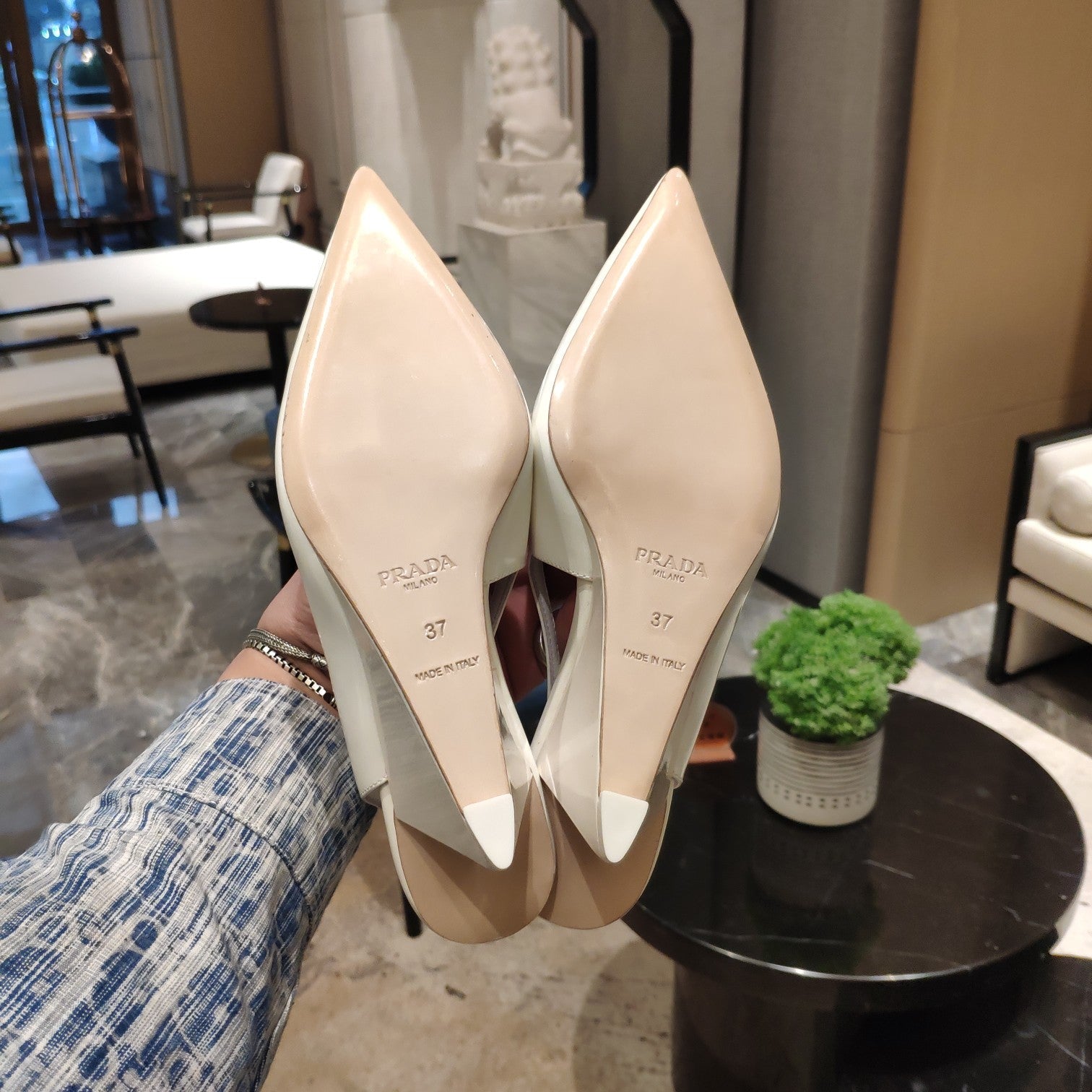 PRADA 26S POINTED TOE WEDGE SLINGBACK PUMPS IN IVORY WHITE CALFSKIN