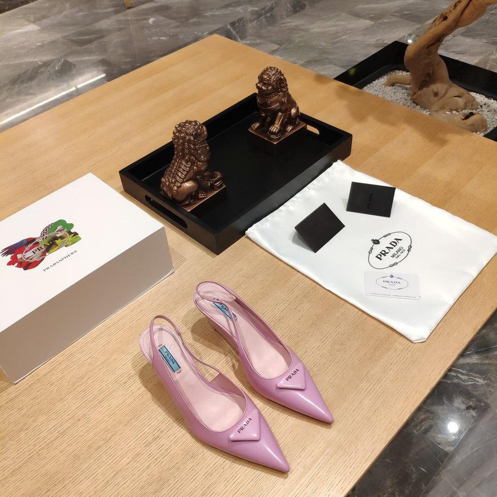 PRADA 26S POINTED TOE WEDGE SLINGBACK PUMPS IN PINK PATENT CALFSKIN