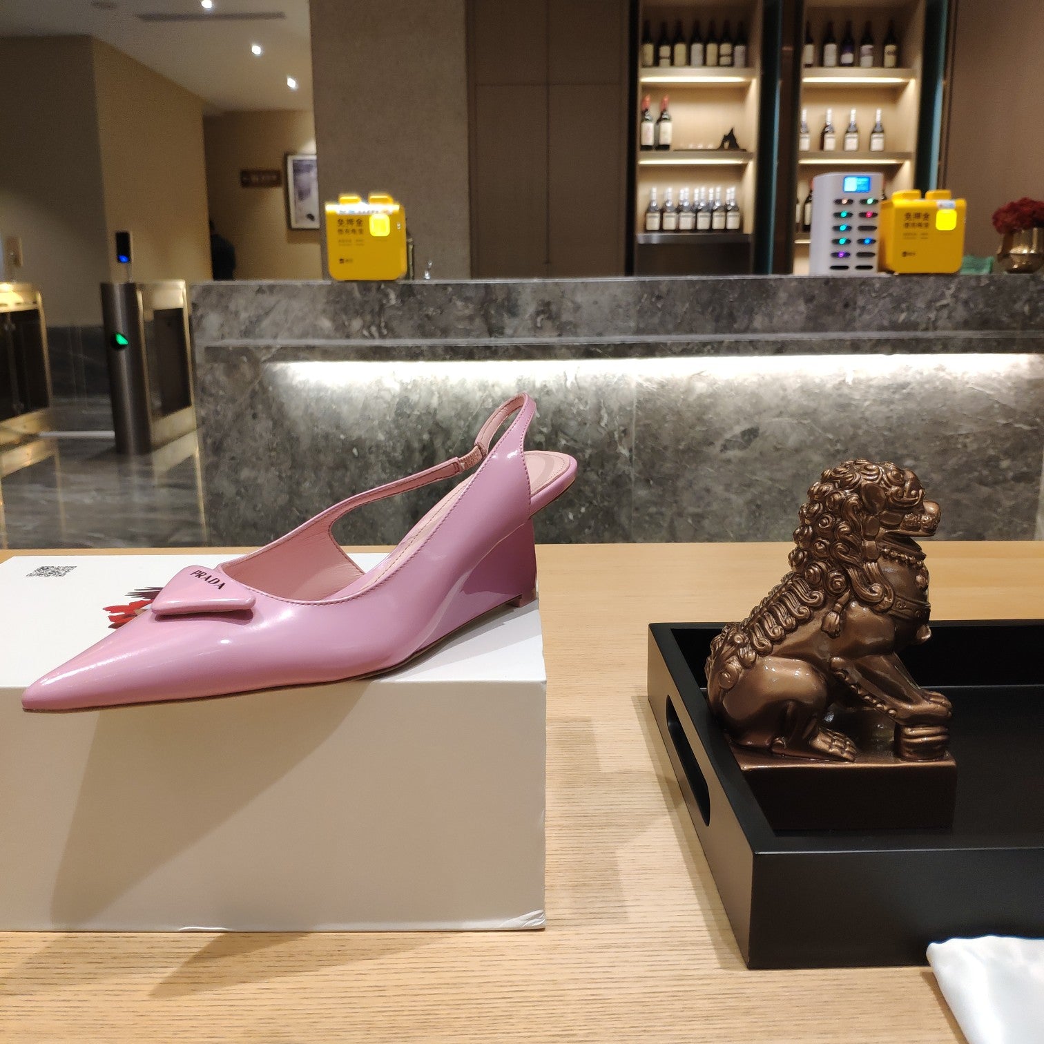 PRADA 26S POINTED TOE WEDGE SLINGBACK PUMPS IN PINK PATENT CALFSKIN