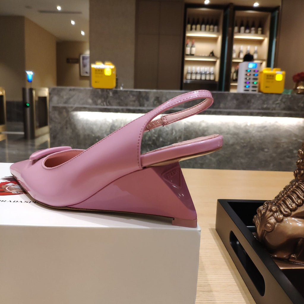 PRADA 26S POINTED TOE WEDGE SLINGBACK PUMPS IN PINK PATENT CALFSKIN
