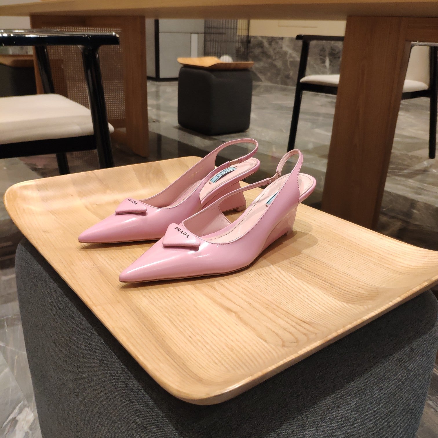 PRADA 26S POINTED TOE WEDGE SLINGBACK PUMPS IN PINK PATENT CALFSKIN