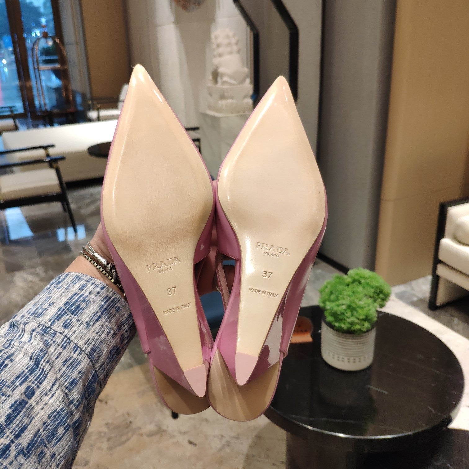 PRADA 26S POINTED TOE WEDGE SLINGBACK PUMPS IN PINK PATENT CALFSKIN