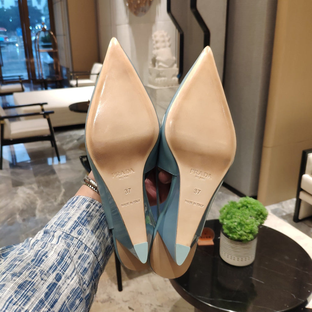 PRADA 26S POINTED TOE WEDGE SLINGBACK PUMPS IN LIGHT BLUE PATENT CALFSKIN