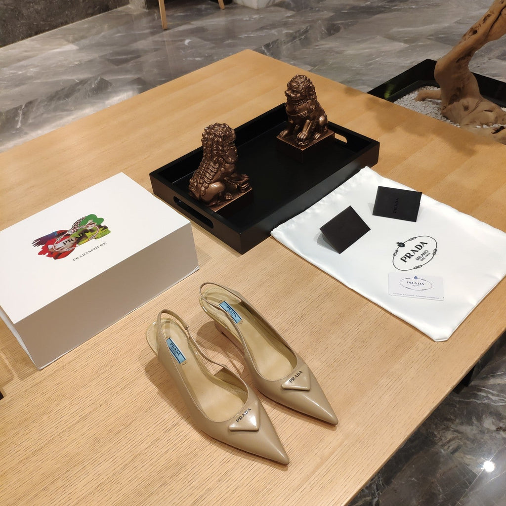 PRADA 26S POINTED TOE WEDGE SLINGBACK PUMPS IN BEIGE PATENT CALFSKIN