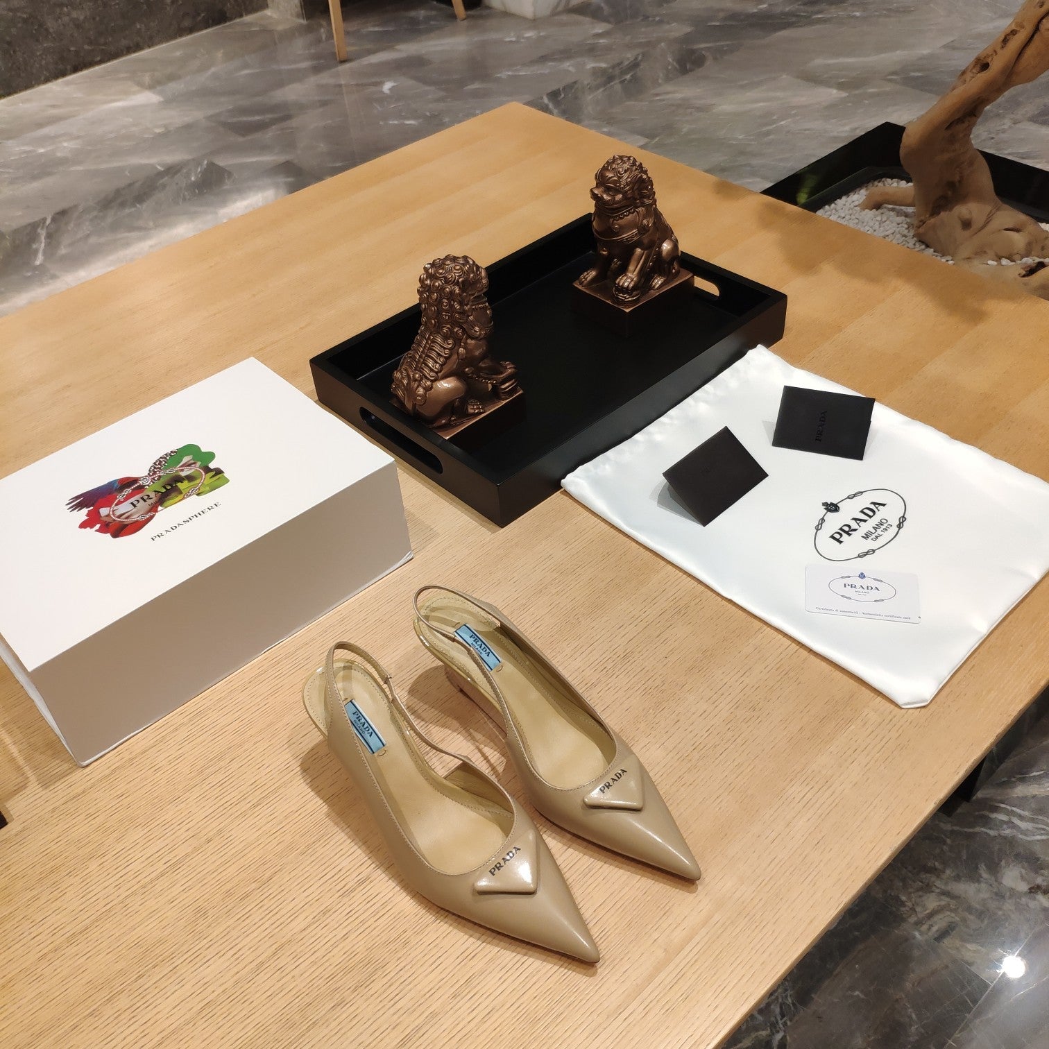 PRADA 26S POINTED TOE WEDGE SLINGBACK PUMPS IN BEIGE PATENT CALFSKIN