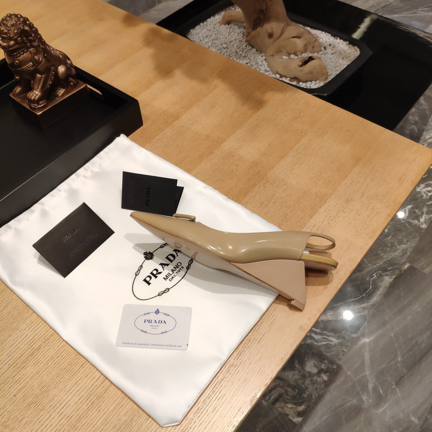 PRADA 26S POINTED TOE WEDGE SLINGBACK PUMPS IN BEIGE PATENT CALFSKIN