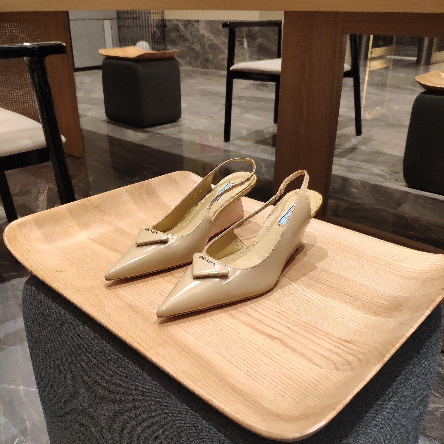 PRADA 26S POINTED TOE WEDGE SLINGBACK PUMPS IN BEIGE PATENT CALFSKIN