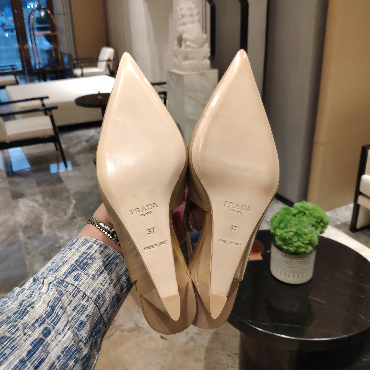 PRADA 26S POINTED TOE WEDGE SLINGBACK PUMPS IN BEIGE PATENT CALFSKIN