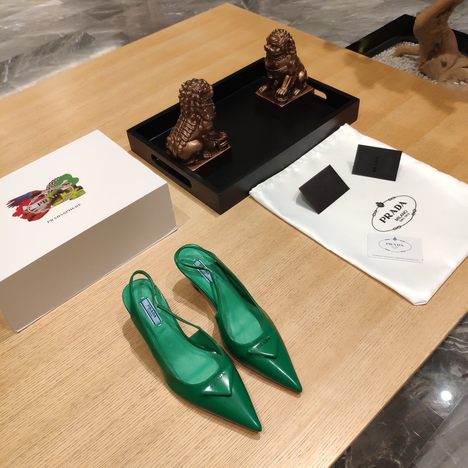 PRADA 26S POINTED TOE WEDGE SLINGBACK PUMPS IN EMERALD GREEN PATENT CALFSKIN