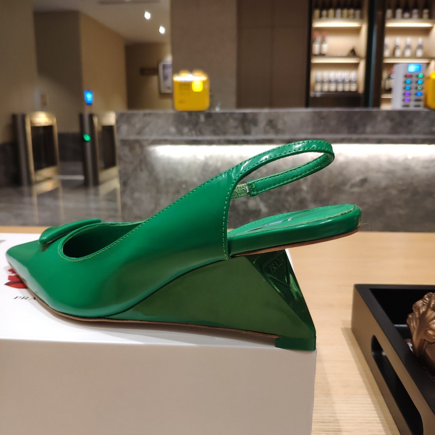 PRADA 26S POINTED TOE WEDGE SLINGBACK PUMPS IN EMERALD GREEN PATENT CALFSKIN