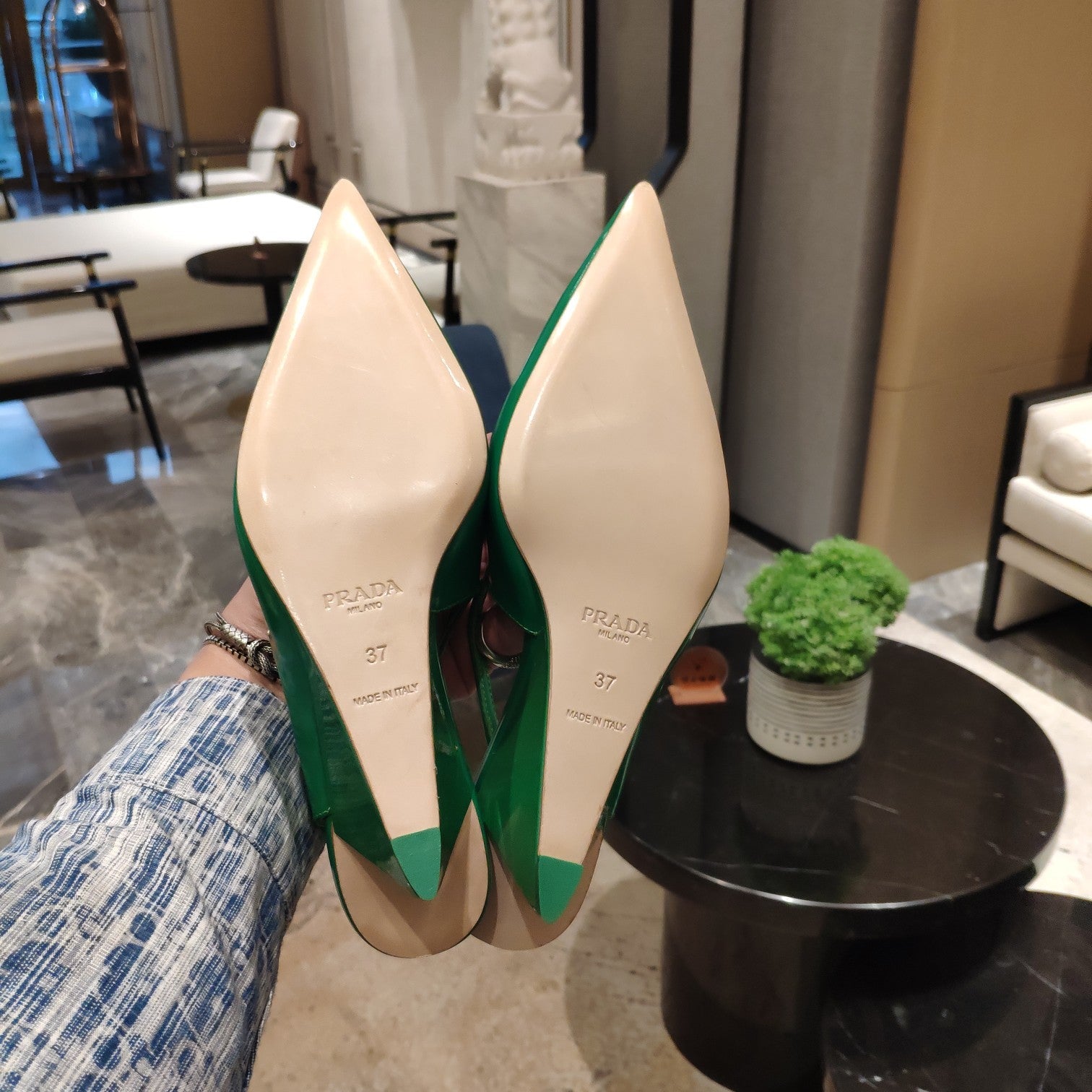 PRADA 26S POINTED TOE WEDGE SLINGBACK PUMPS IN EMERALD GREEN PATENT CALFSKIN