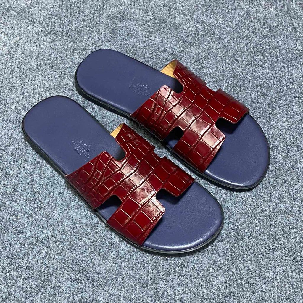 HM IZMIR CROCODILE MOTIF SANDAL INDIGO AND BRICK CALFSKIN