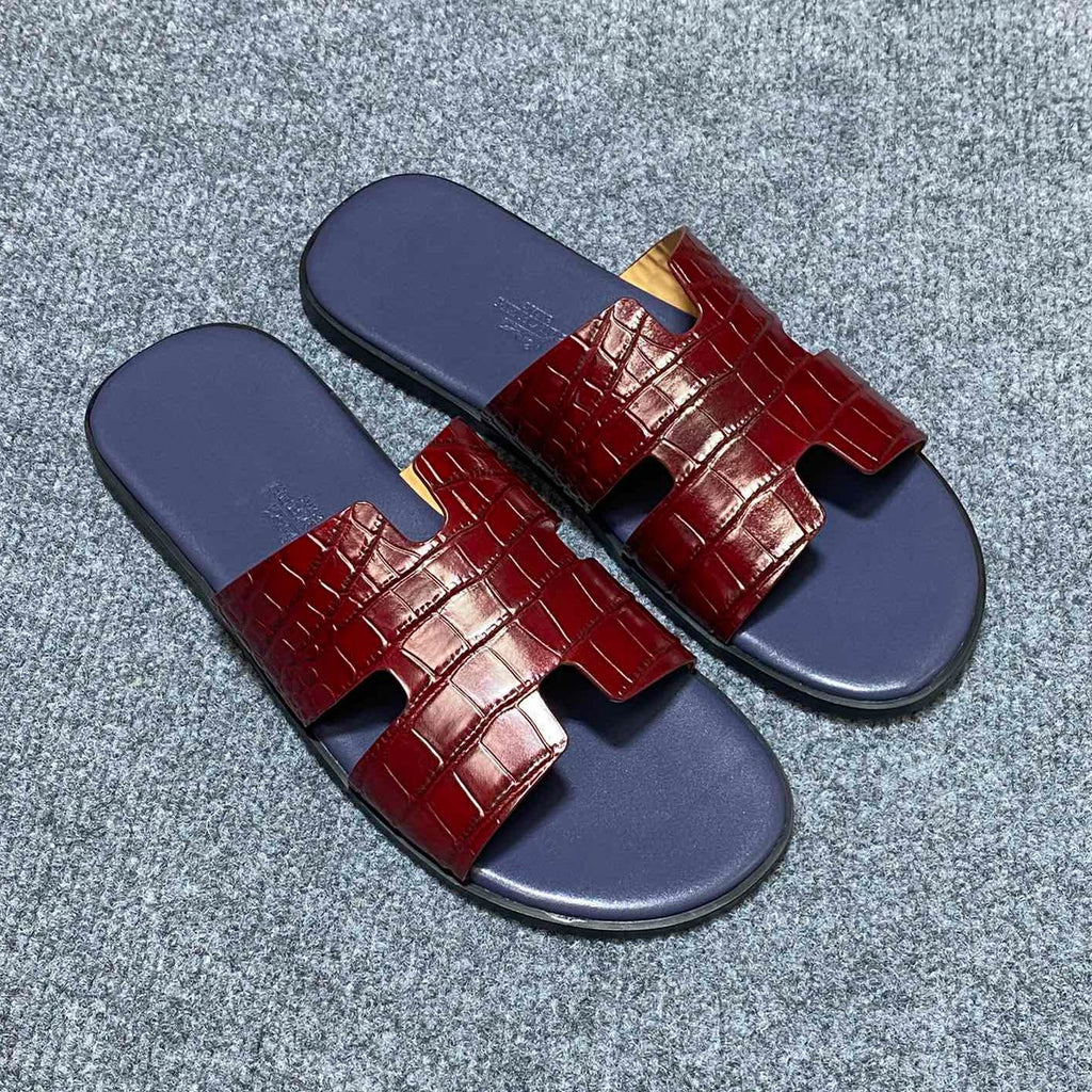HM IZMIR CROCODILE MOTIF SANDAL INDIGO AND BRICK CALFSKIN