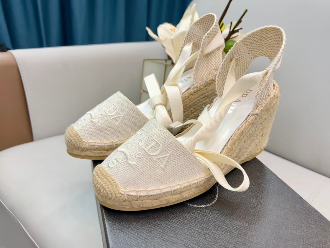 PRADA 26S ESPADRILLE HIGH HEEL SANDALS IN IVORY WHITE CANVAS