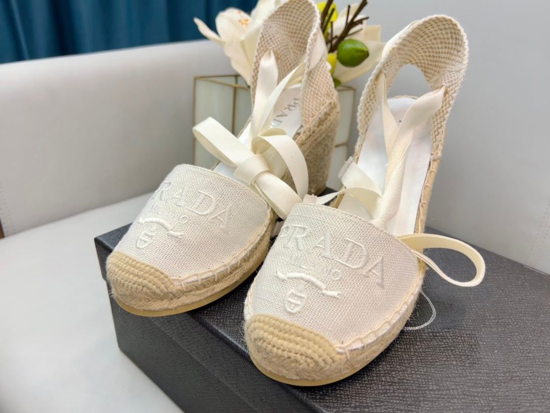 PRADA 26S ESPADRILLE HIGH HEEL SANDALS IN IVORY WHITE CANVAS