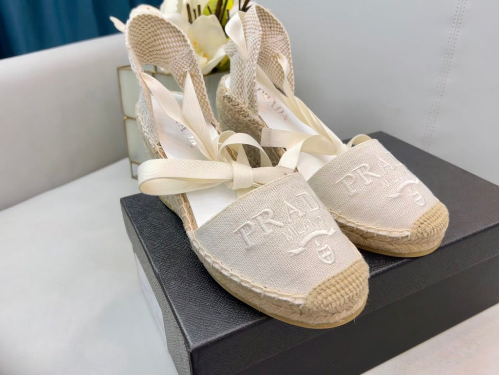 PRADA 26S ESPADRILLE HIGH HEEL SANDALS IN IVORY WHITE CANVAS