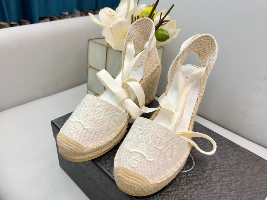 PRADA 26S ESPADRILLE HIGH HEEL SANDALS IN IVORY WHITE CANVAS
