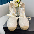 PRADA 26S ESPADRILLE HIGH HEEL SANDALS IN IVORY WHITE CANVAS