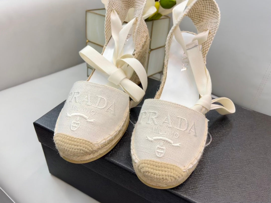 PRADA 26S ESPADRILLE HIGH HEEL SANDALS IN IVORY WHITE CANVAS