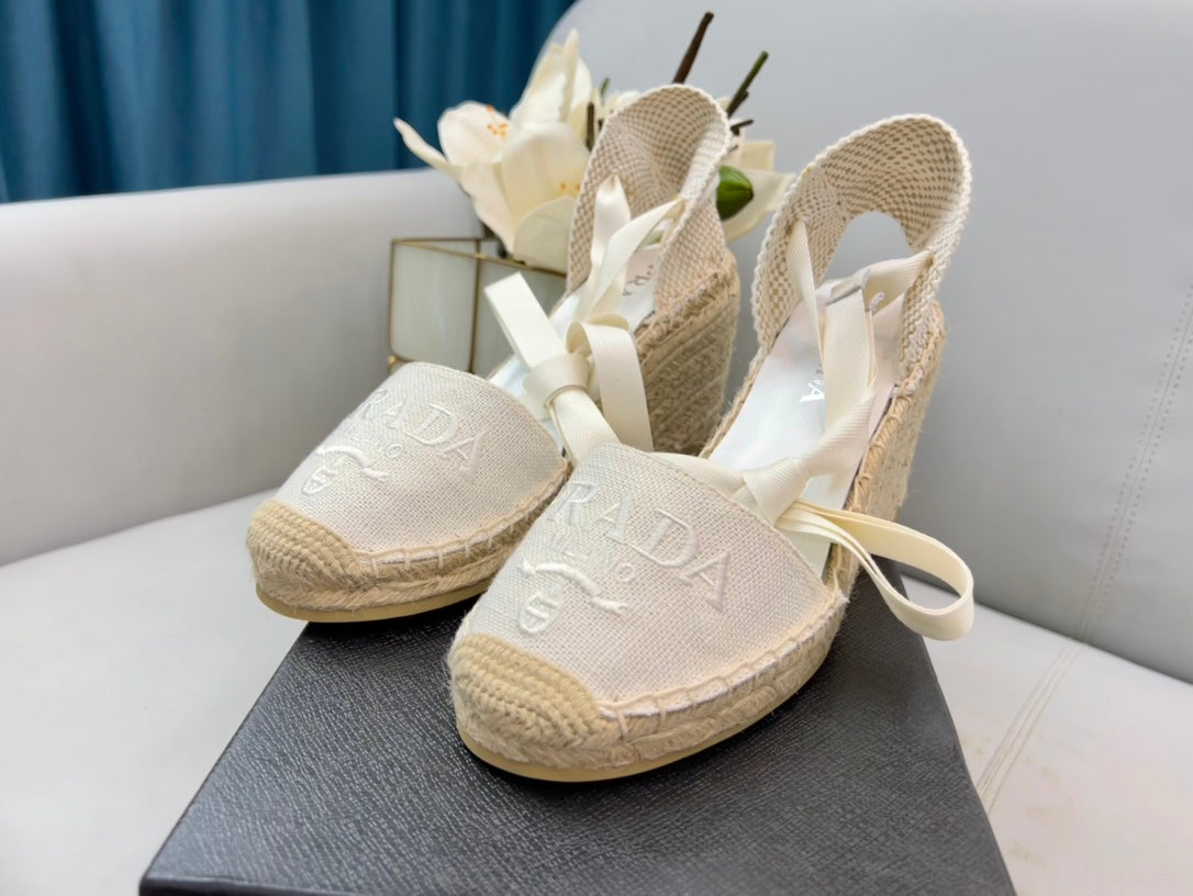 PRADA 26S ESPADRILLE HIGH HEEL SANDALS IN IVORY WHITE CANVAS