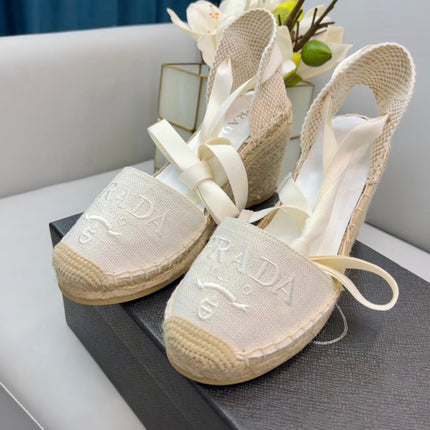 PRADA 26S ESPADRILLE HIGH HEEL SANDALS IN IVORY WHITE CANVAS
