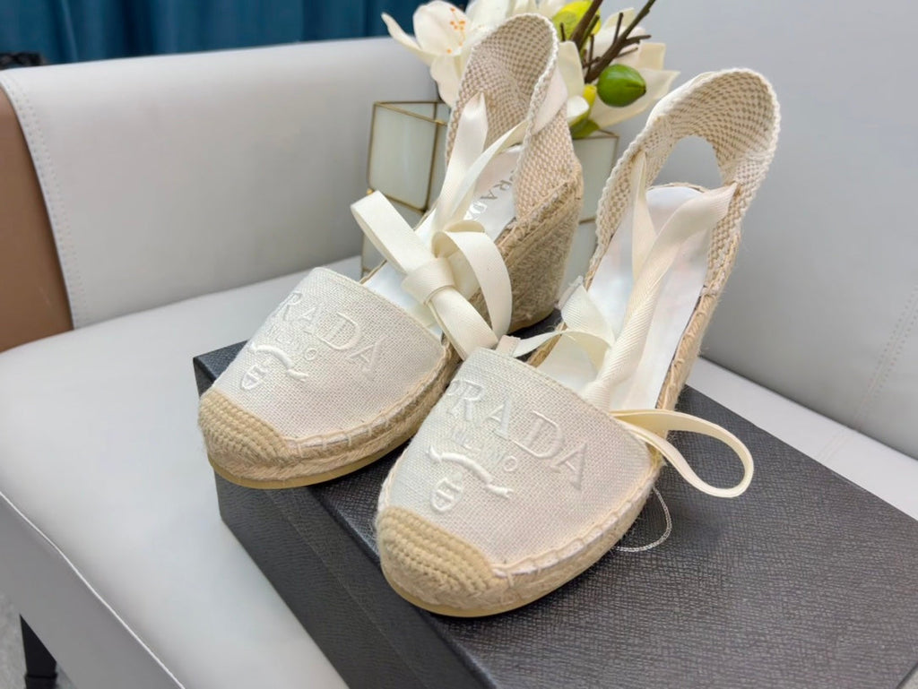 PRADA 26S ESPADRILLE HIGH HEEL SANDALS IN IVORY WHITE CANVAS