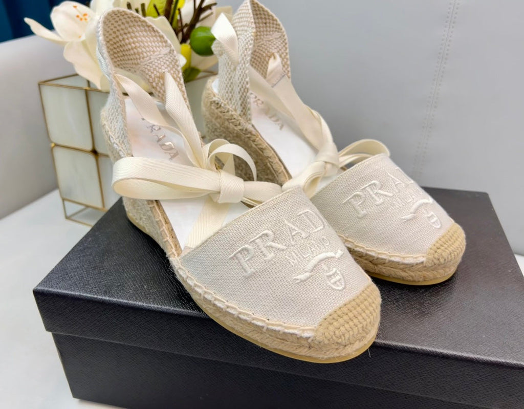 PRADA 26S ESPADRILLE HIGH HEEL SANDALS IN IVORY WHITE CANVAS