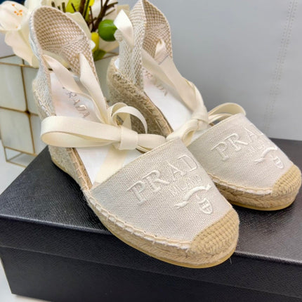 PRADA 26S ESPADRILLE HIGH HEEL SANDALS IN IVORY WHITE CANVAS
