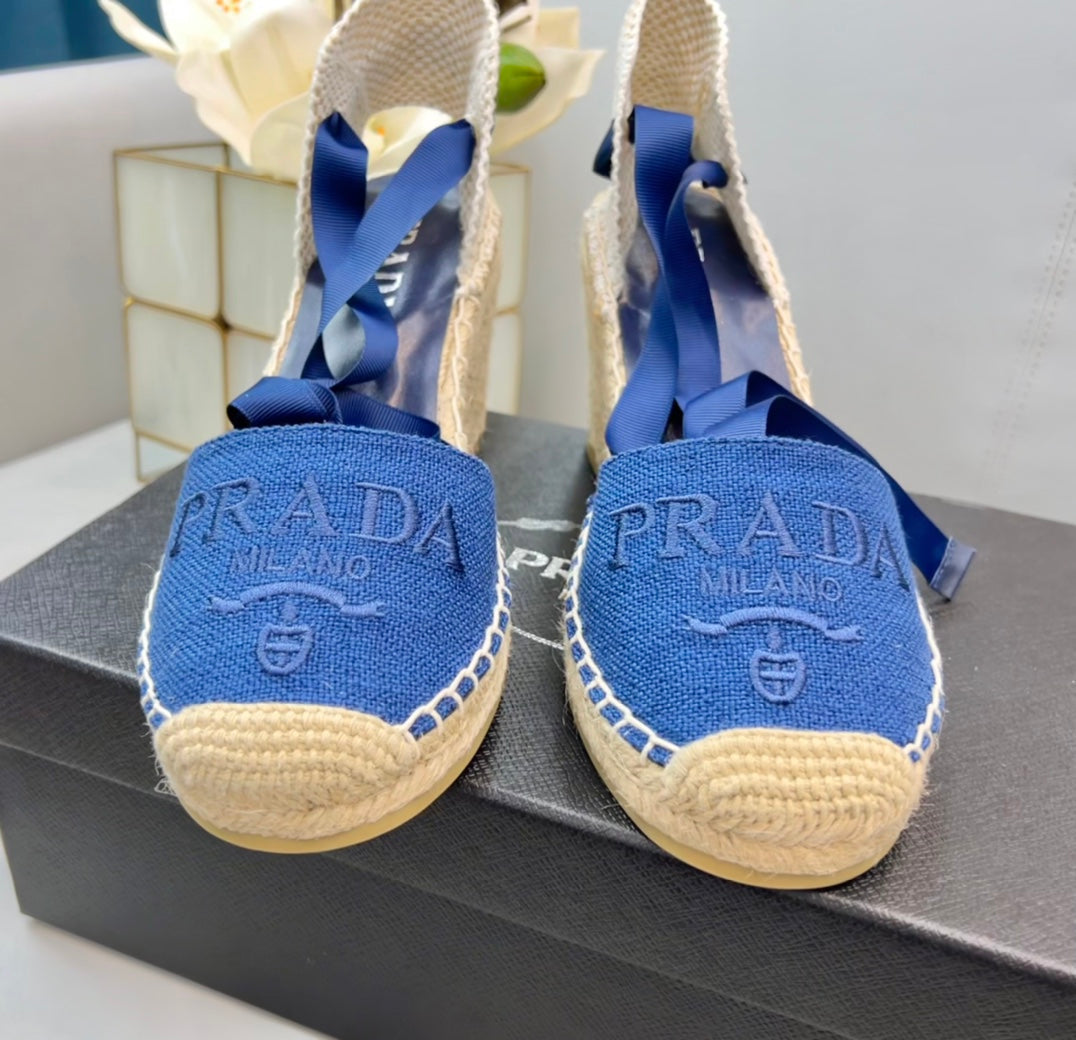 PRADA 26S ESPADRILLE HIGH HEEL SANDALS IN BLUE CANVAS