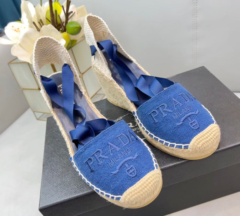 PRADA 26S ESPADRILLE HIGH HEEL SANDALS IN BLUE CANVAS