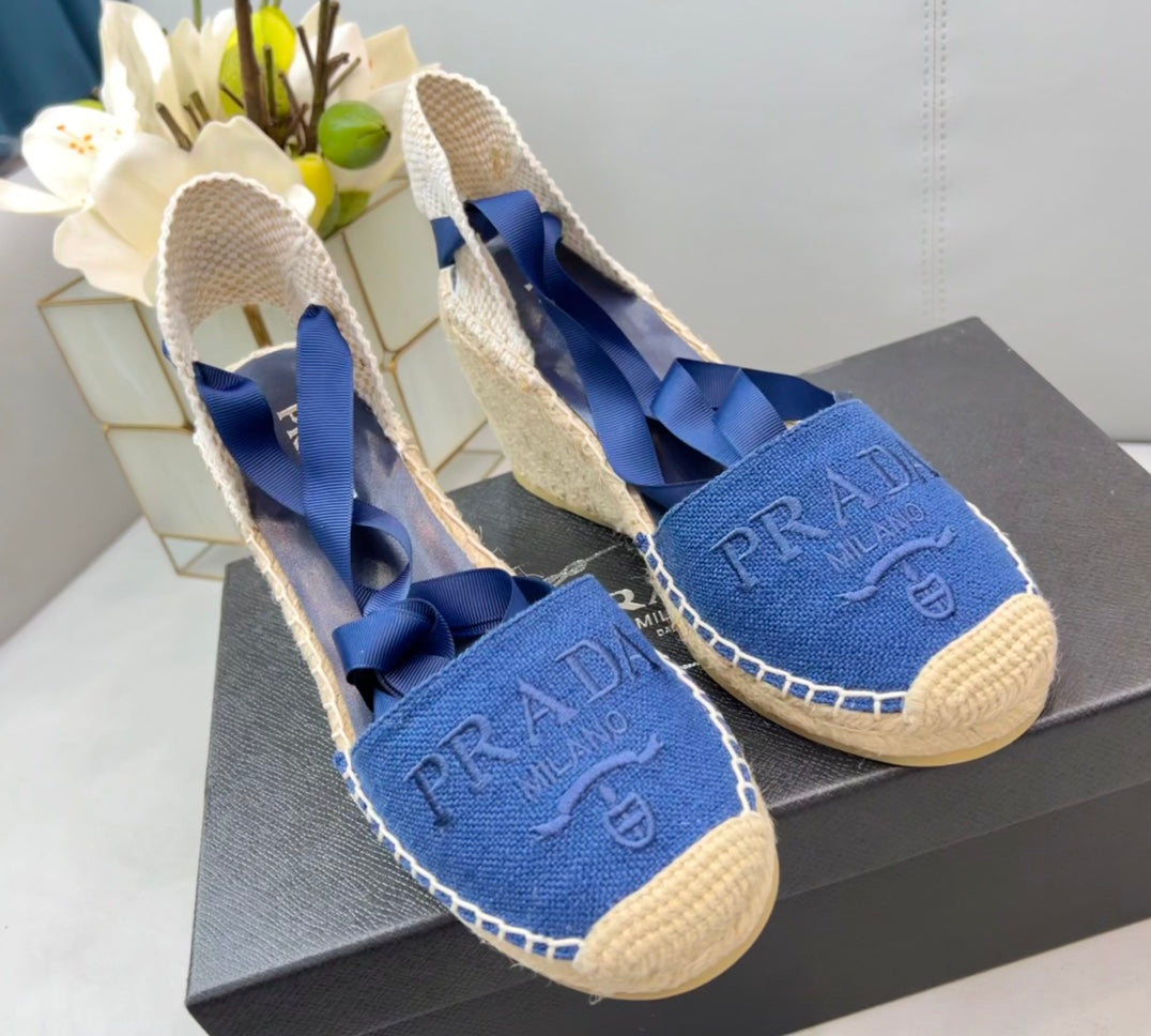 PRADA 26S ESPADRILLE HIGH HEEL SANDALS IN BLUE CANVAS