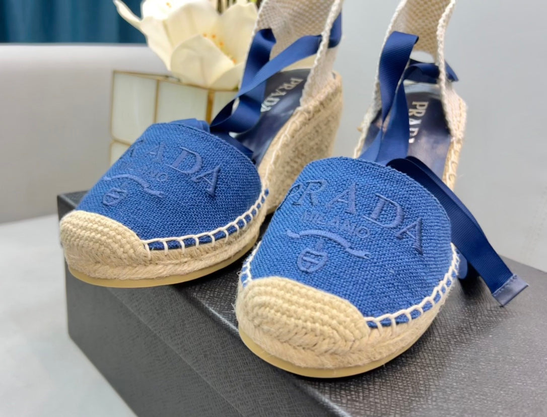 PRADA 26S ESPADRILLE HIGH HEEL SANDALS IN BLUE CANVAS