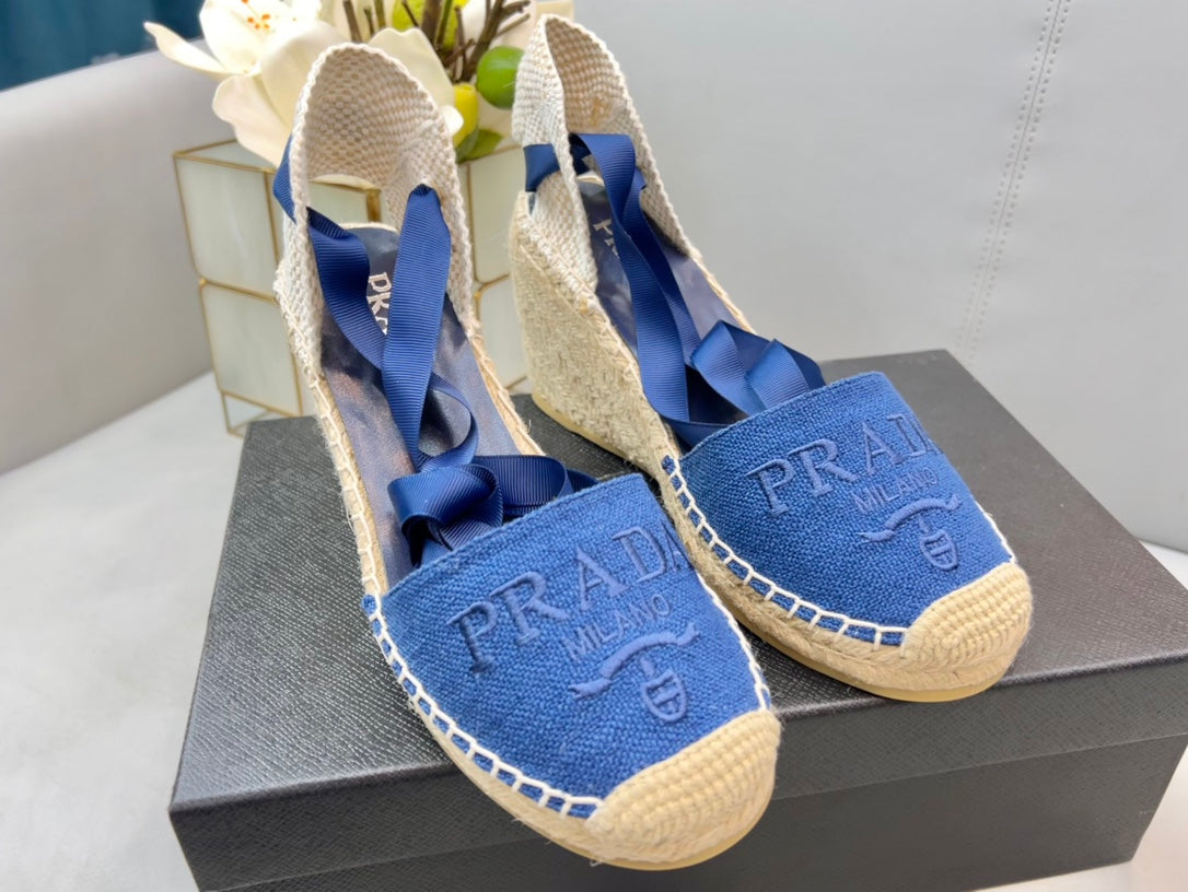 PRADA 26S ESPADRILLE HIGH HEEL SANDALS IN BLUE CANVAS