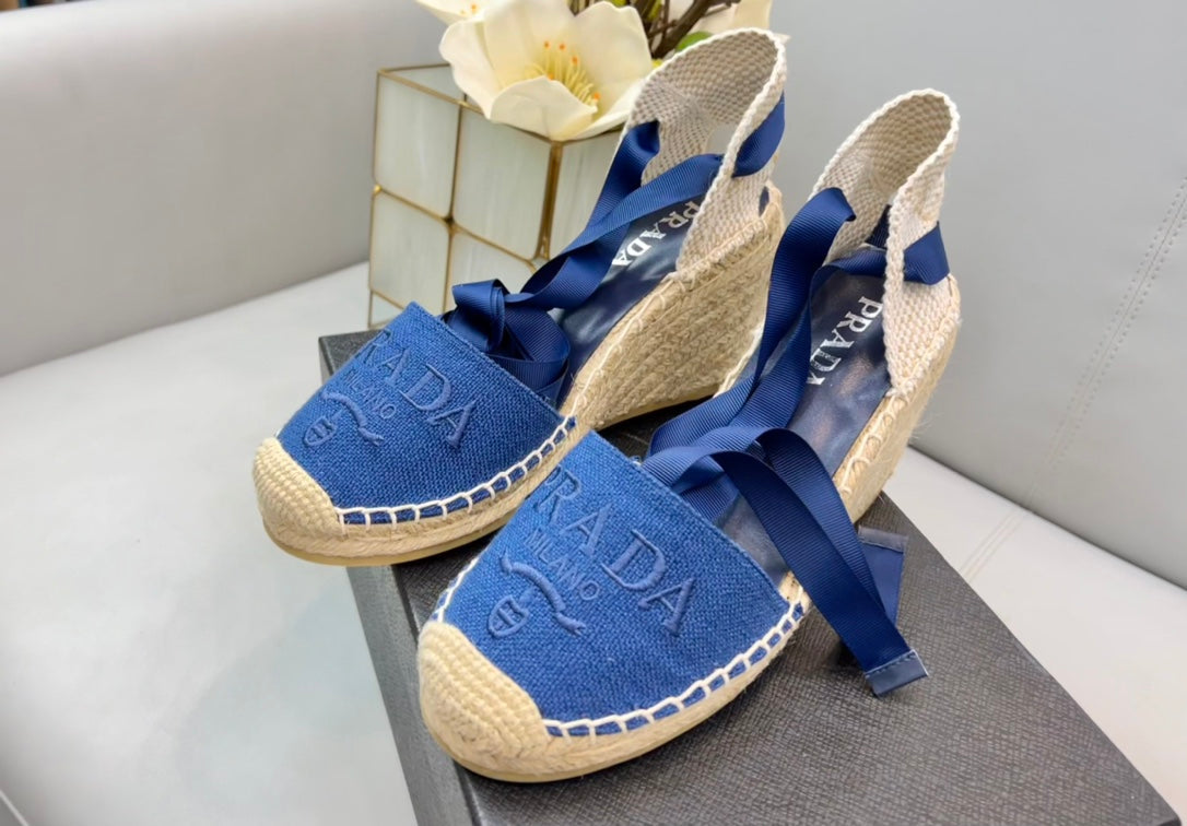 PRADA 26S ESPADRILLE HIGH HEEL SANDALS IN BLUE CANVAS