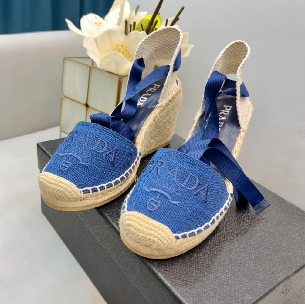 PRADA 26S ESPADRILLE HIGH HEEL SANDALS IN BLUE CANVAS
