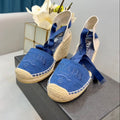 PRADA 26S ESPADRILLE HIGH HEEL SANDALS IN BLUE CANVAS