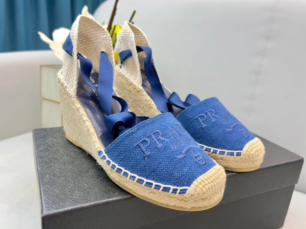 PRADA 26S ESPADRILLE HIGH HEEL SANDALS IN BLUE CANVAS