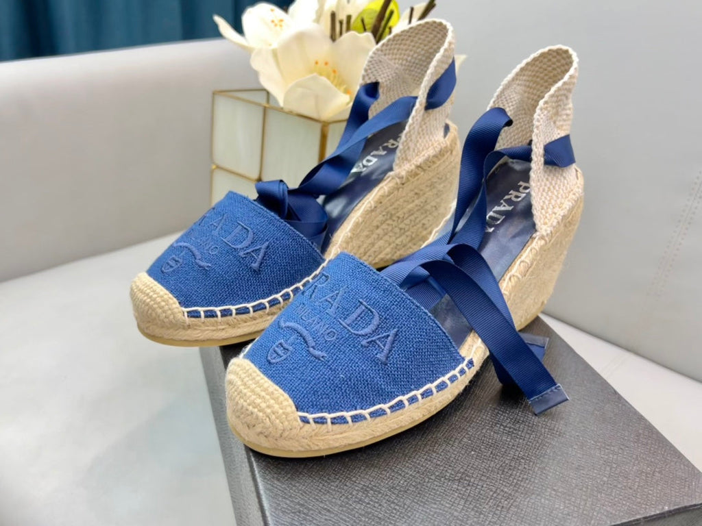PRADA 26S ESPADRILLE HIGH HEEL SANDALS IN BLUE CANVAS