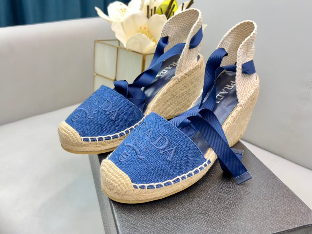 PRADA 26S ESPADRILLE HIGH HEEL SANDALS IN BLUE CANVAS