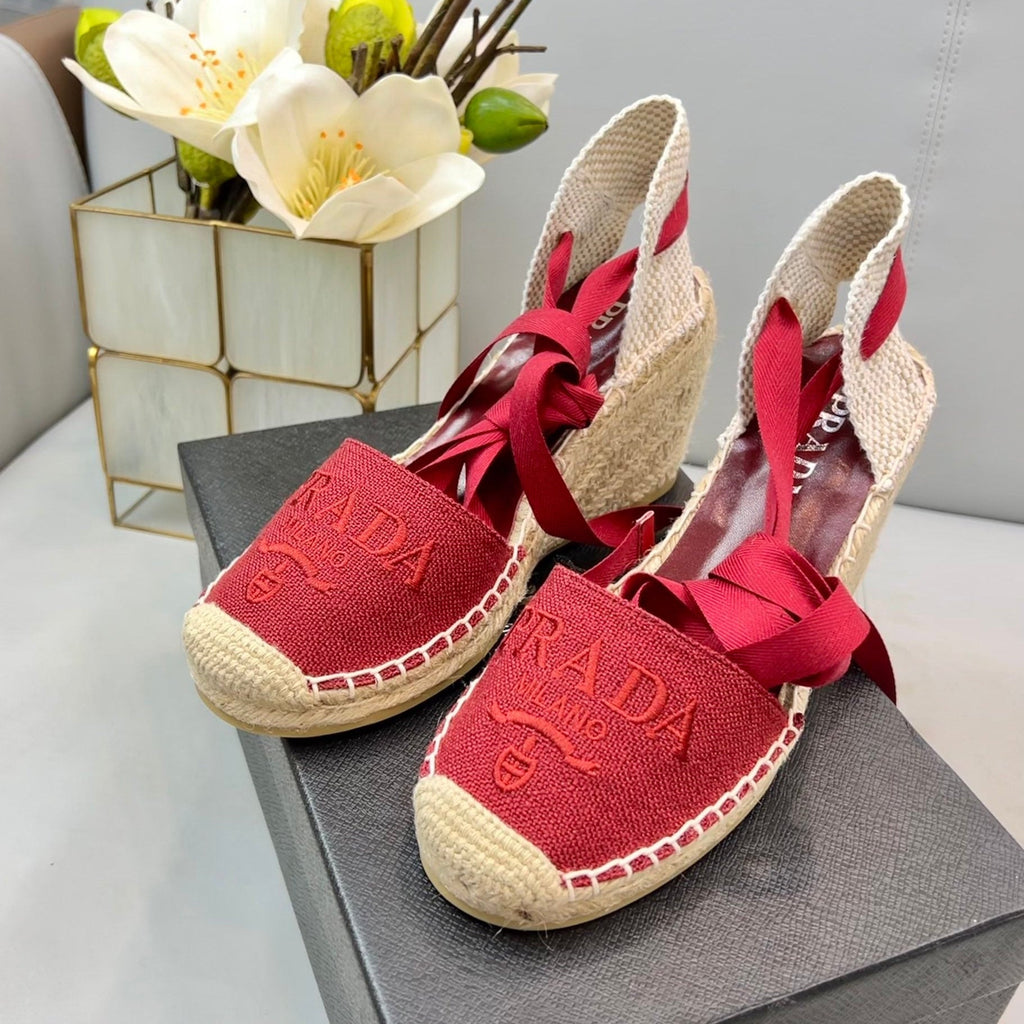 PRADA 26S ESPADRILLE HIGH HEEL SANDALS IN RED CANVAS