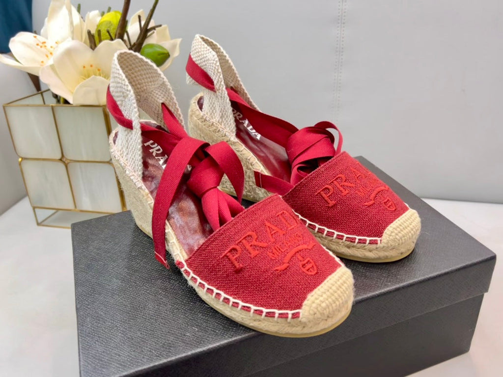 PRADA 26S ESPADRILLE HIGH HEEL SANDALS IN RED CANVAS