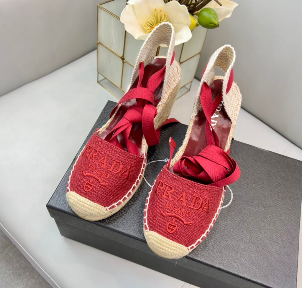 PRADA 26S ESPADRILLE HIGH HEEL SANDALS IN RED CANVAS