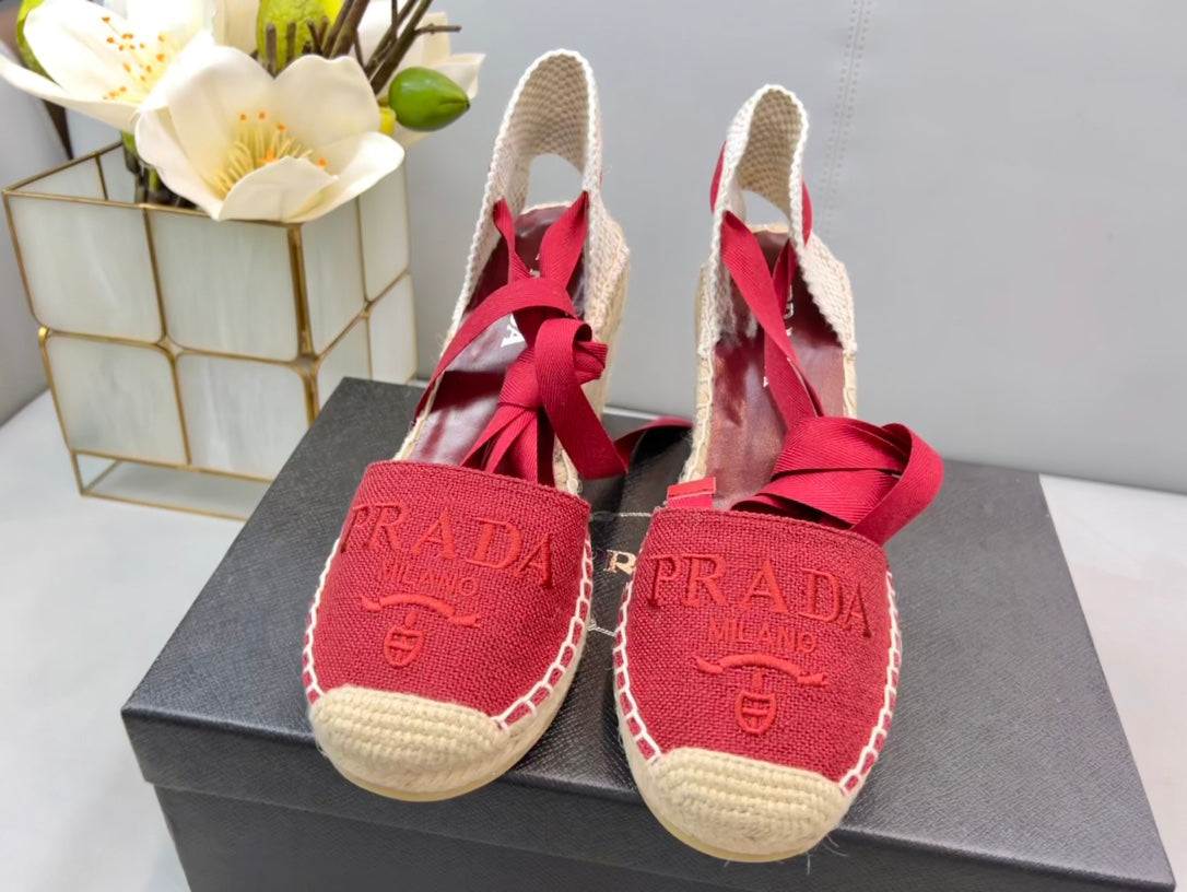PRADA 26S ESPADRILLE HIGH HEEL SANDALS IN RED CANVAS