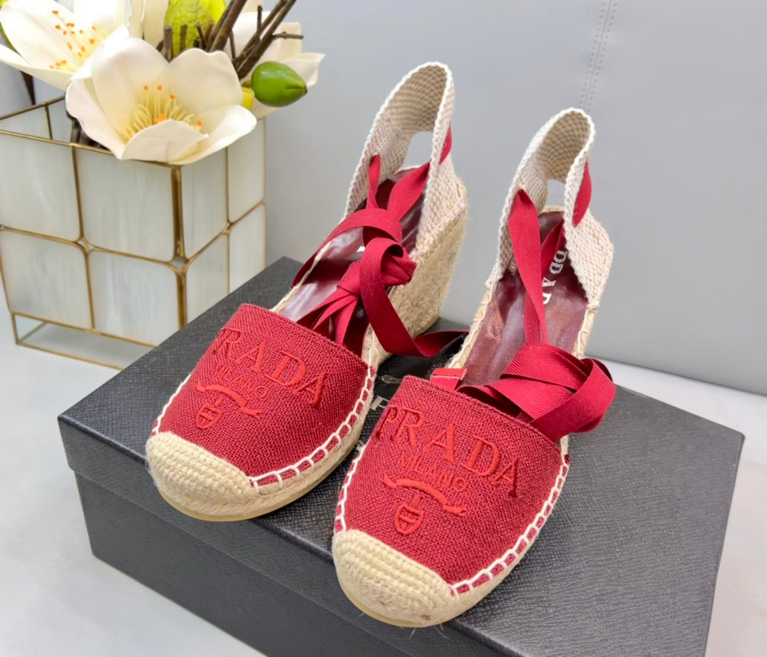 PRADA 26S ESPADRILLE HIGH HEEL SANDALS IN RED CANVAS